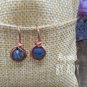 Spider  Gray jasper wire wrap copper dangle rustic handmade earrings